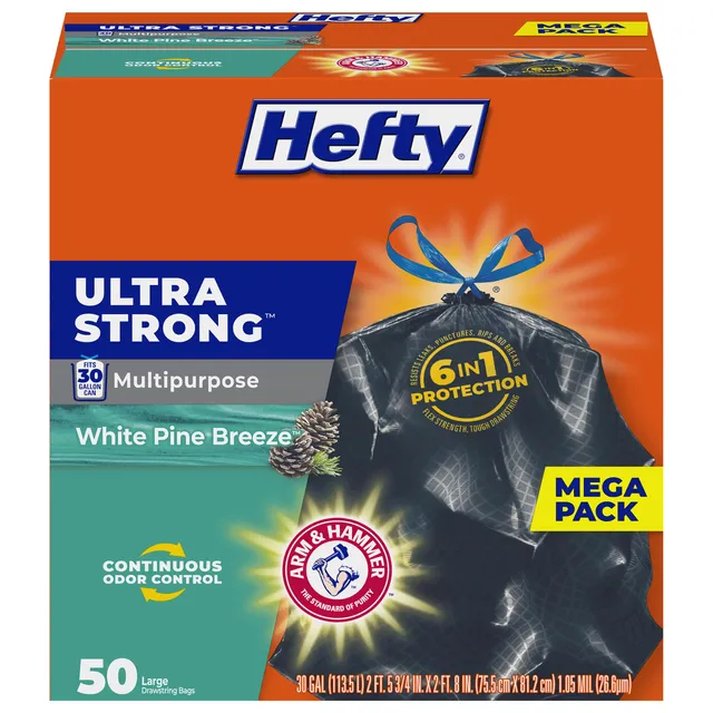 hefty-ultra-strong-30-gallon-trash-bags-black-white-pine-breeze-50-count-with-dr image 1
