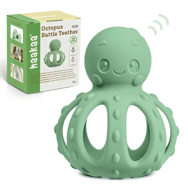 haakaa-2-in-1-octopus-teething-toy-with-gentle-rattle-soft-silicone-teether-for- image 1