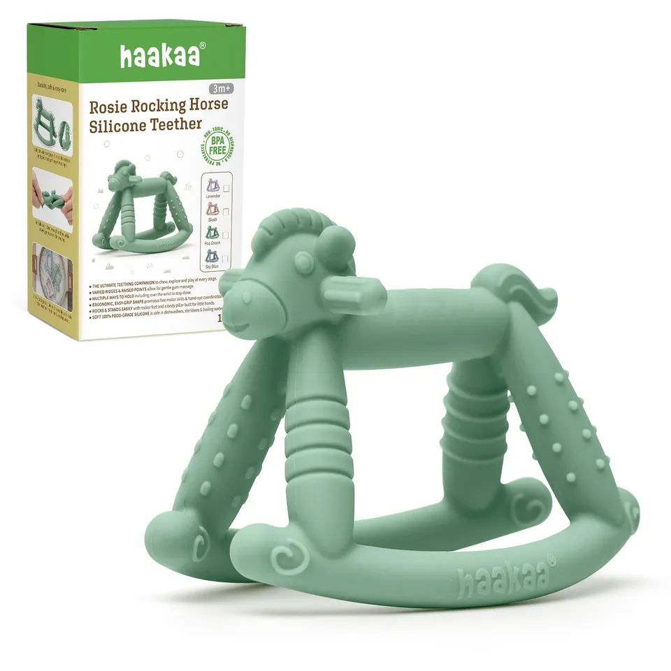 haakaa-rosie-rocking-horse-baby-teether-food-grade-silicone-multi-textured-pea-g image 1