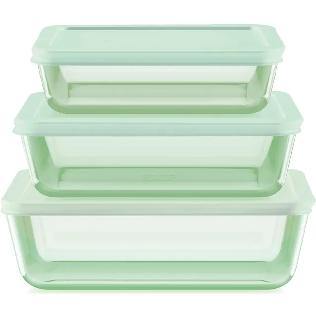 pyrex-simply-store-tinted-6-piece-rectangle-glass-storage-set-with-green-lids image 1