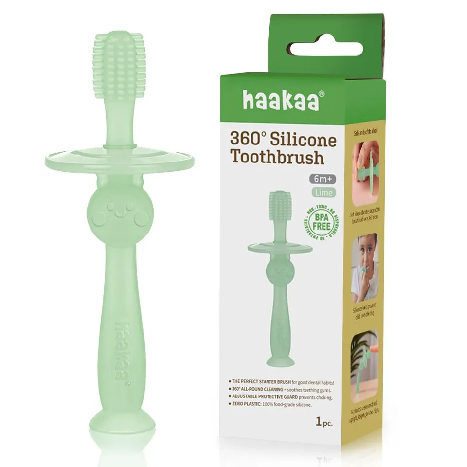 haakaa-360-silicone-baby-toothbrush-with-suction-base-lime image 1