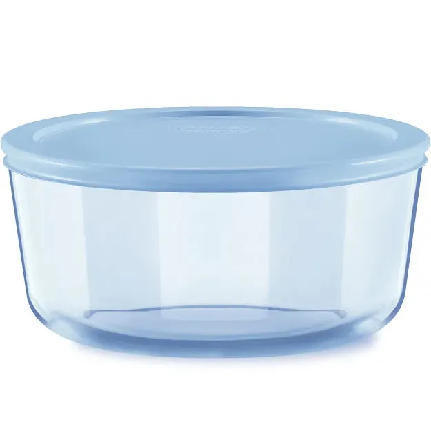 Pyrex Simply Store Tinted 7-Cup Round Glass Storage Container with Blue Plastic Lid