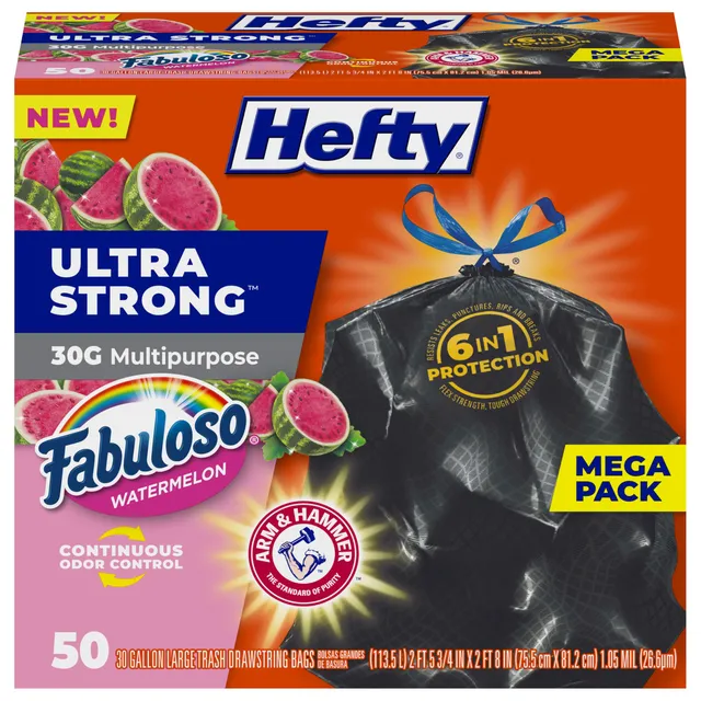 hefty-ultra-strong-30-gallon-trash-bags-fabuloso-watermelon-scent-50-count image 1