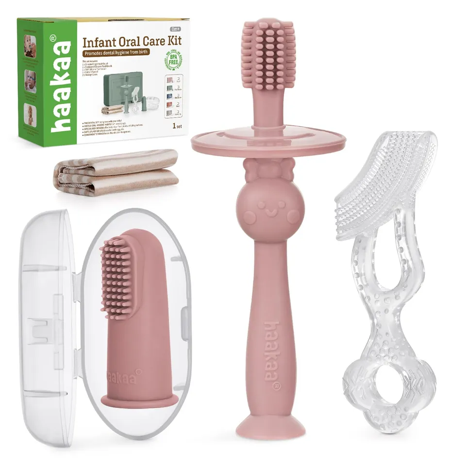 haakaa-training-toothbrush-set-3-stage-silicone-toothbrush-kit-for-baby-infant-t image 1