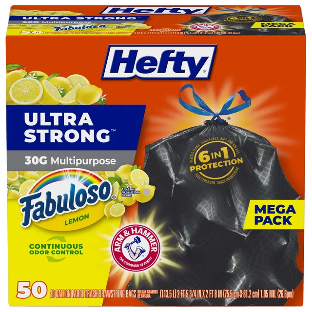 hefty-ultra-strong-30-gallon-trash-bags-fabuloso-lemon-scent-black-50-count image 1