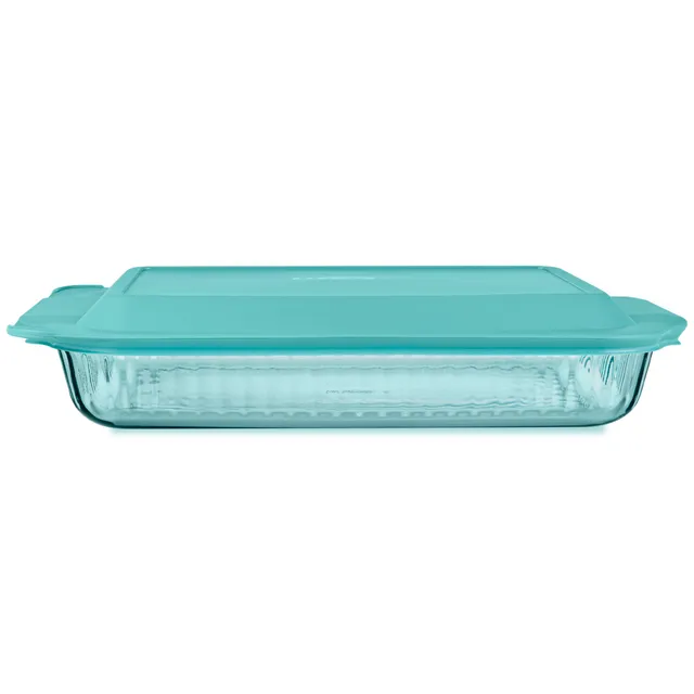 pyrex-sculpted-tinted-glass-3qt-oblong-baking-dish-with-lid-aqua image 1