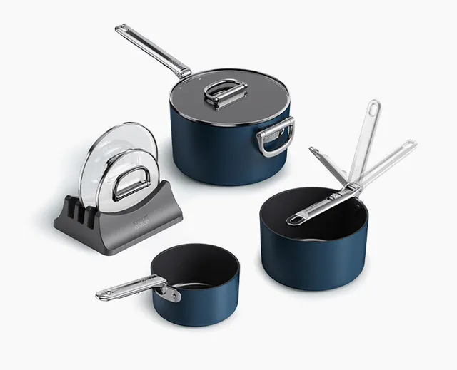 joseph-joseph-space-folding-handle-ceramic-non-stick-3-piece-blue-saucepan-set image 1