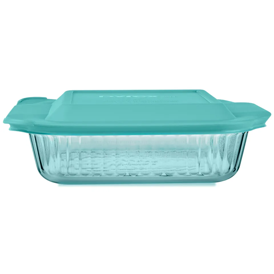 pyrex-sculpted-tinted-glass-8-square-baking-dish-with-lid-aqua image 1