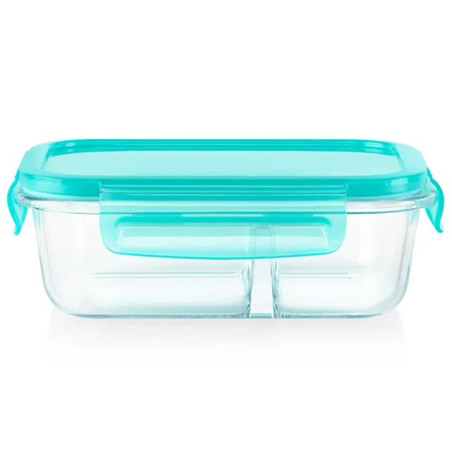 pyrex-mealbox-2-3-cup-divided-glass-food-storage-container-with-turquoise-lid image 1
