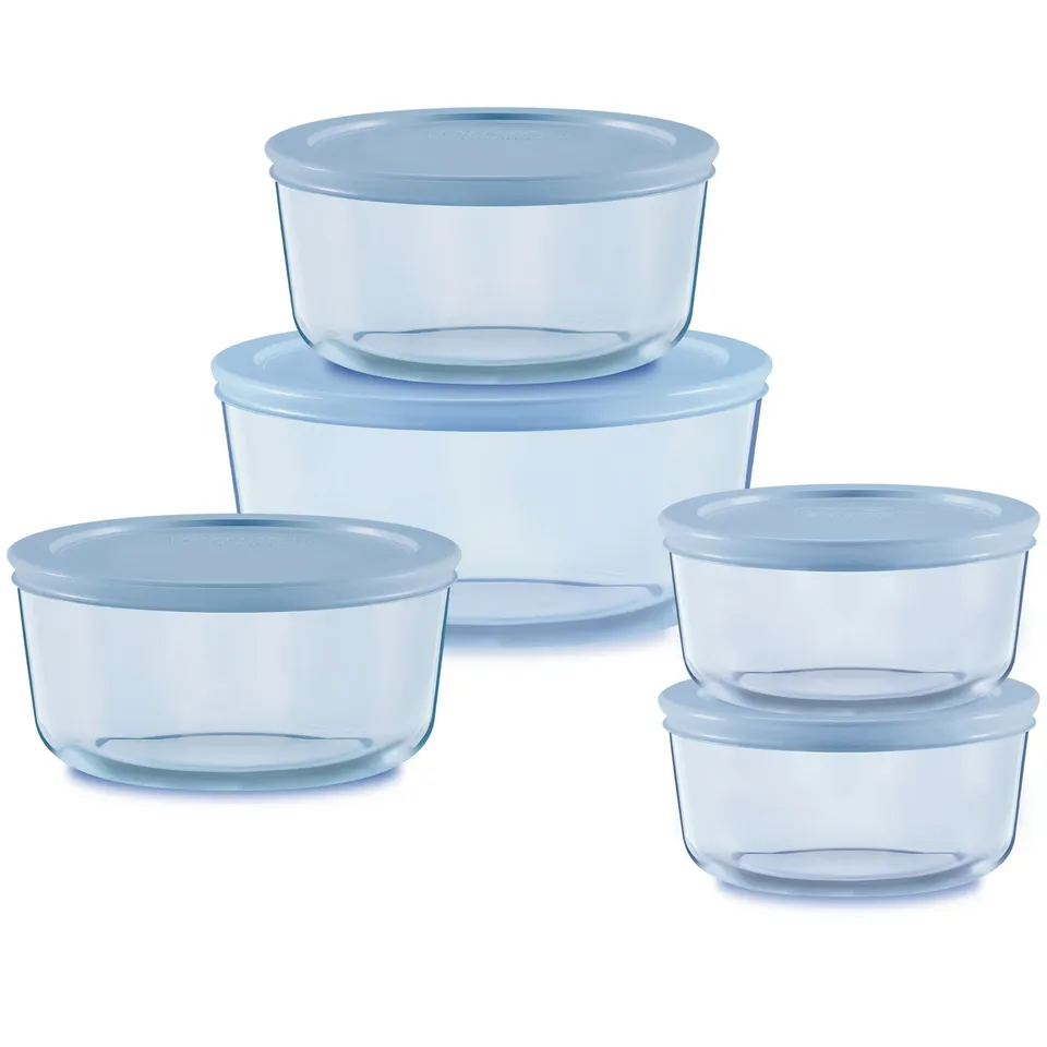 pyrex-simply-store-tinted-10-piece-round-glass-storage-set-with-blue-plastic-lid image 1