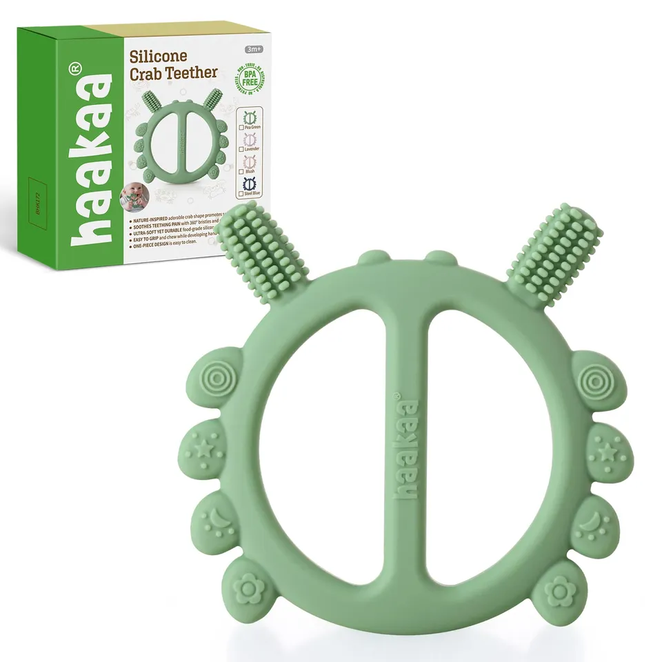 haakaa-silicone-crab-baby-teether-with-360-toothbrush-head-pea-green image 1