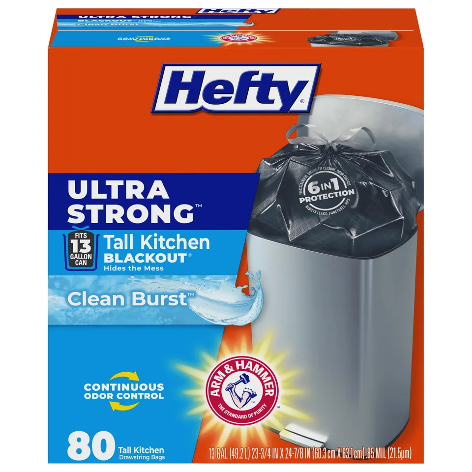 hefty-ultra-strong-13-gallon-tall-kitchen-trash-bags-blackout-clean-burst-scent- image 1
