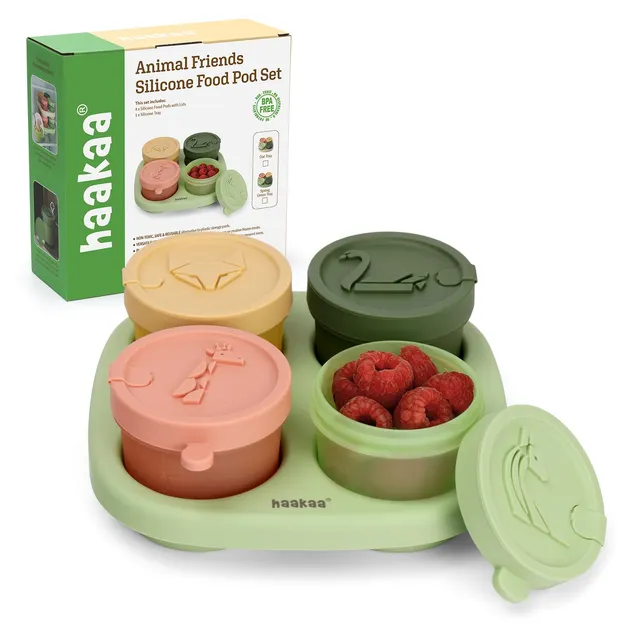 haakaa-silicone-baby-food-containers-with-animal-lids-and-tray-4-oz-120-ml-4-pac image 1