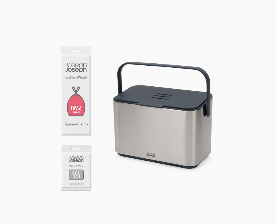 joseph-joseph-collect-4l-stainless-steel-food-waste-caddy-starter-set image 1