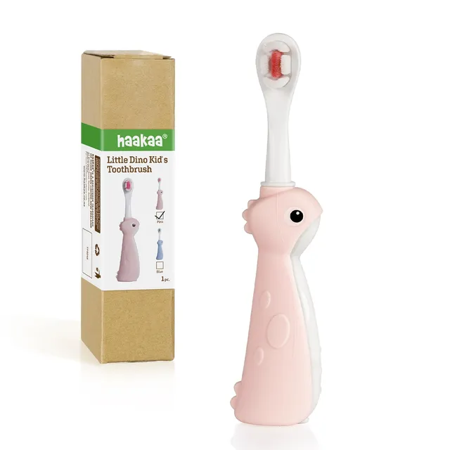 haakaa-dinosaur-toothbrush-for-toddlers-2-4-soft-bristles-silicone-handle-pink image 1