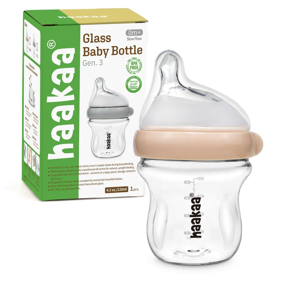 haakaa-gen-3-natural-glass-baby-bottle-4-2oz-120ml-wide-neck-anti-colic-bpa-free image 1