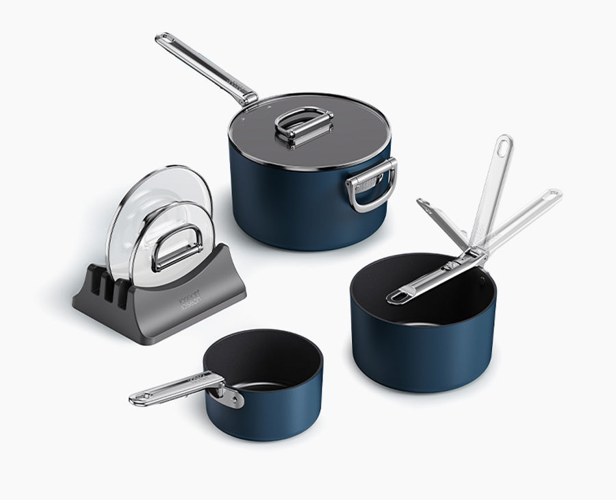 joseph-joseph-space-folding-handle-ceramic-non-stick-3-piece-blue-saucepan-set image 1