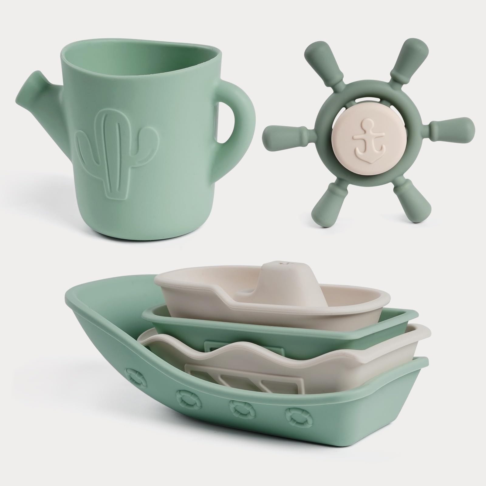 haakaa-nautical-silicone-baby-bath-toys-set-mold-free-stacking-boats-spinner-pou image 1
