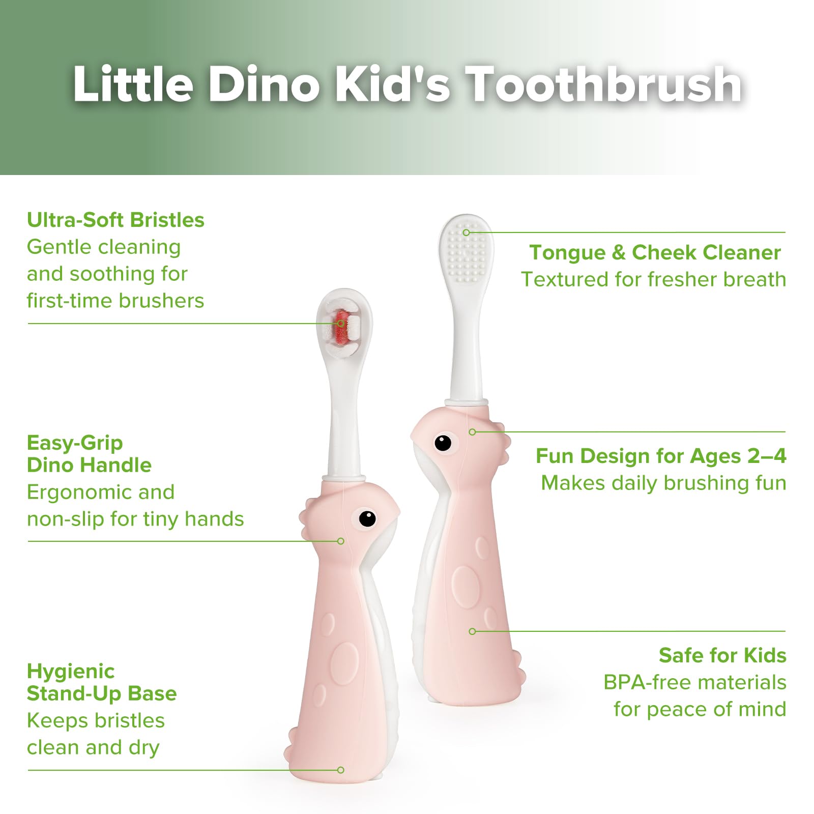 haakaa-dinosaur-toothbrush-for-toddlers-2-4-soft-bristles-silicone-handle-pink image 4