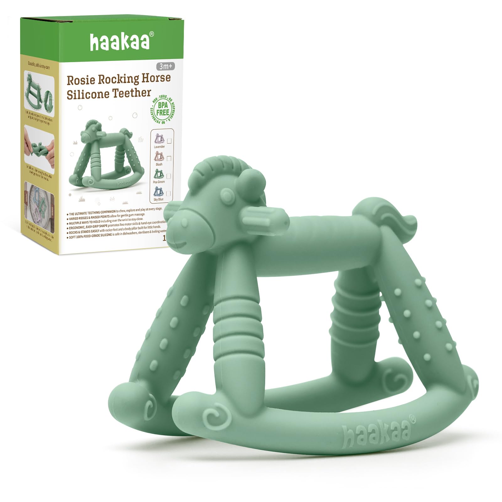 haakaa-rosie-rocking-horse-baby-teether-food-grade-silicone-multi-textured-pea-g image 1
