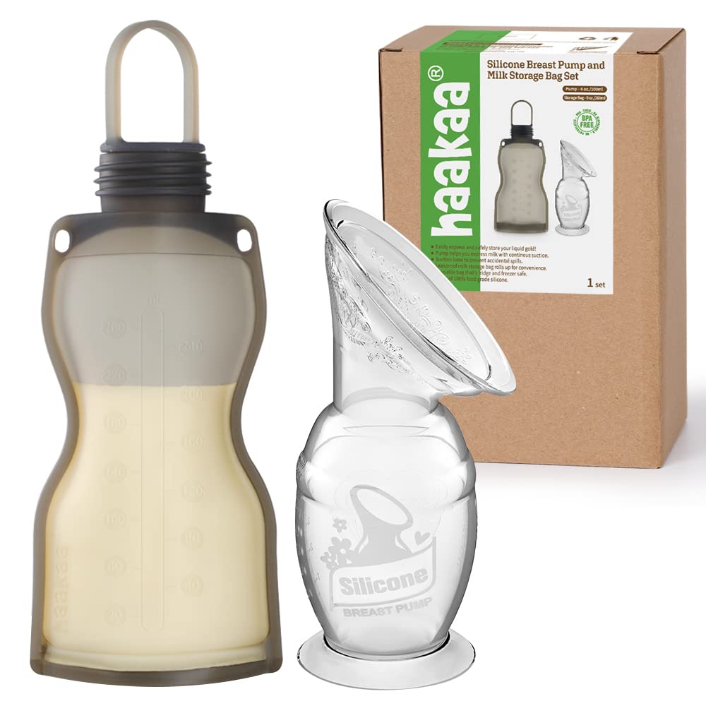 haakaa-manual-breast-pump-with-suction-base-silicone-storage-bag-combo-4oz-100ml image 1