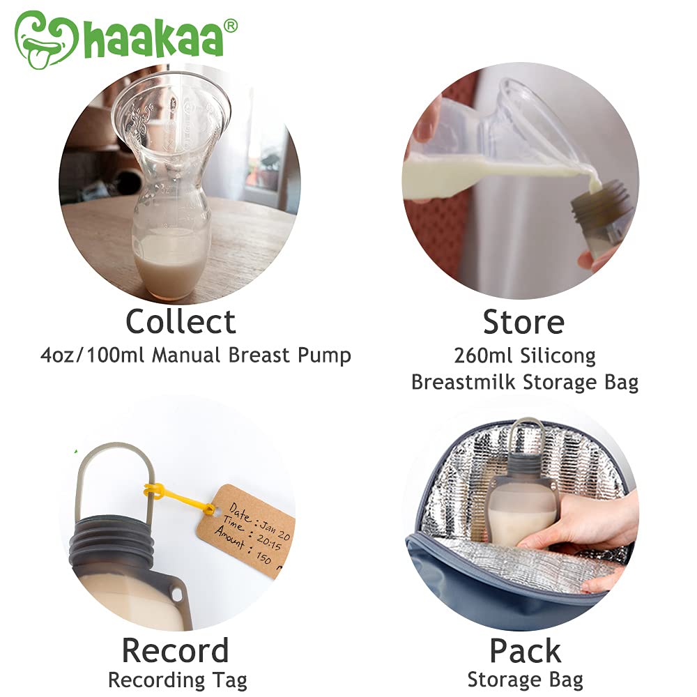 haakaa-manual-breast-pump-4oz-100ml-with-leakproof-lid-breastmilk-storage-bag-an image 2
