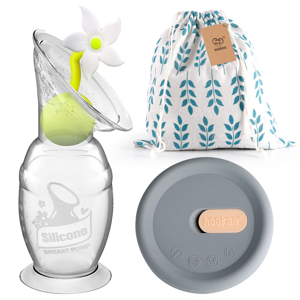 haakaa-manual-breast-pump-100ml-with-flower-stopper-silicone-lid-set image 1