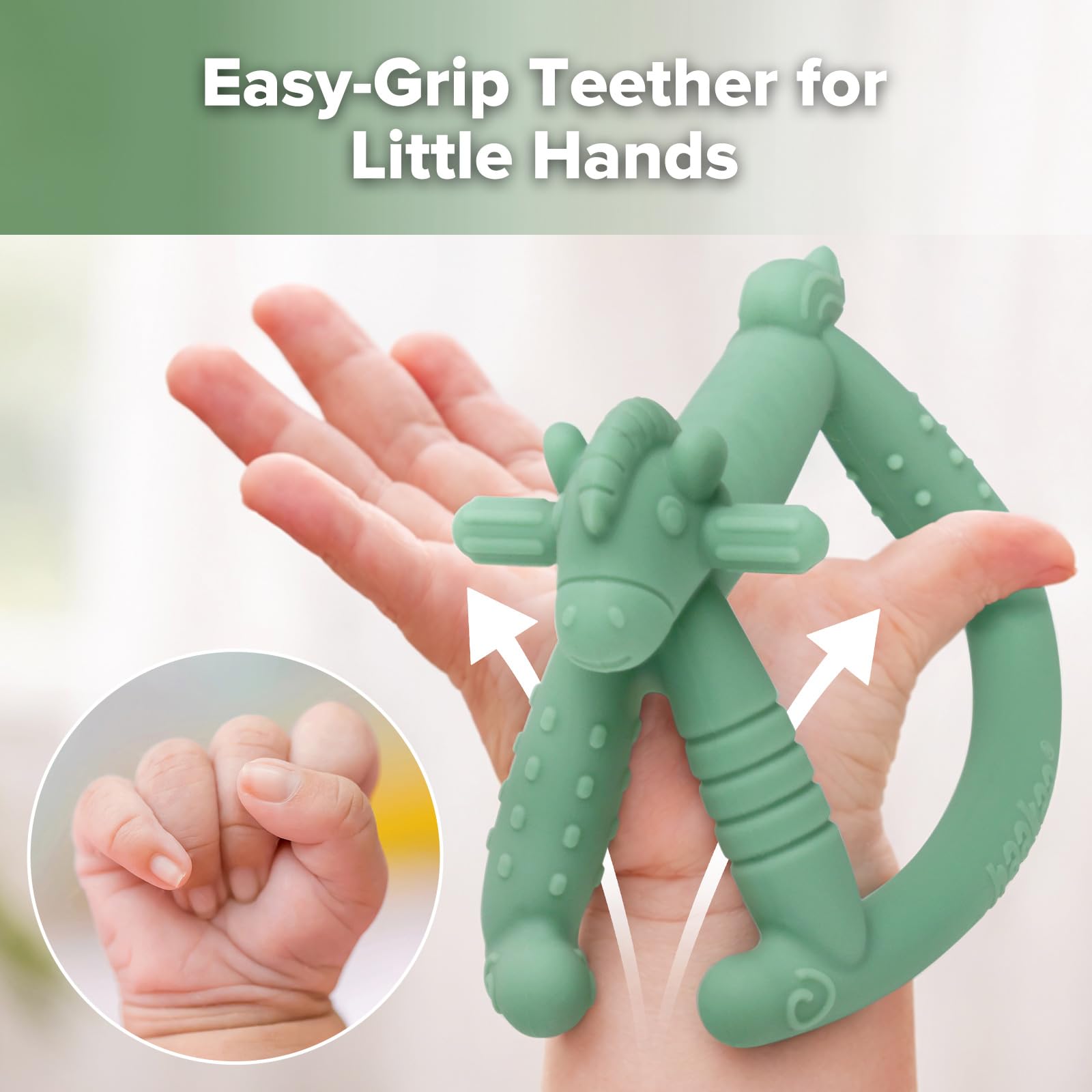 haakaa-rosie-rocking-horse-baby-teether-food-grade-silicone-multi-textured-pea-g image 3