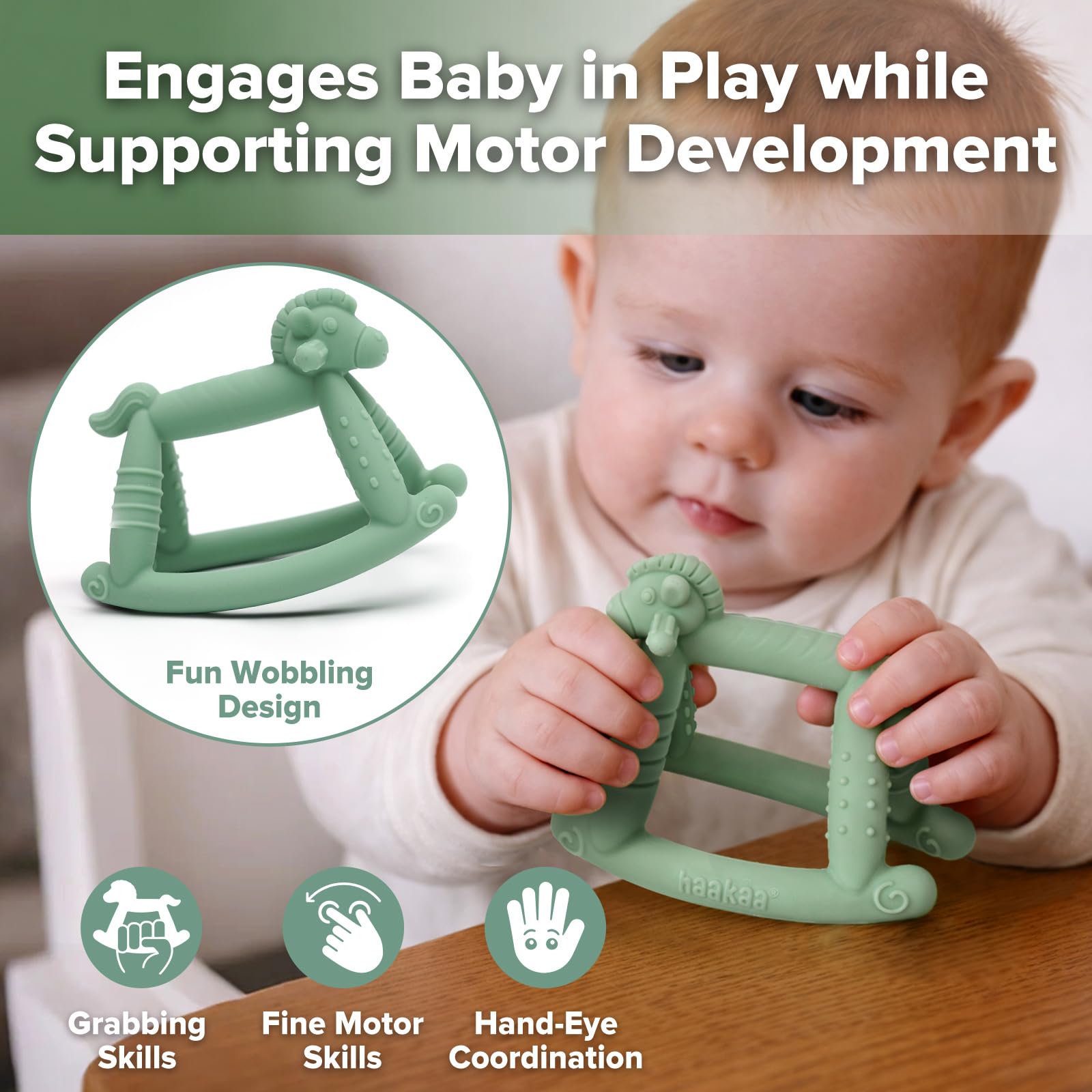 haakaa-rosie-rocking-horse-baby-teether-food-grade-silicone-multi-textured-pea-g image 7