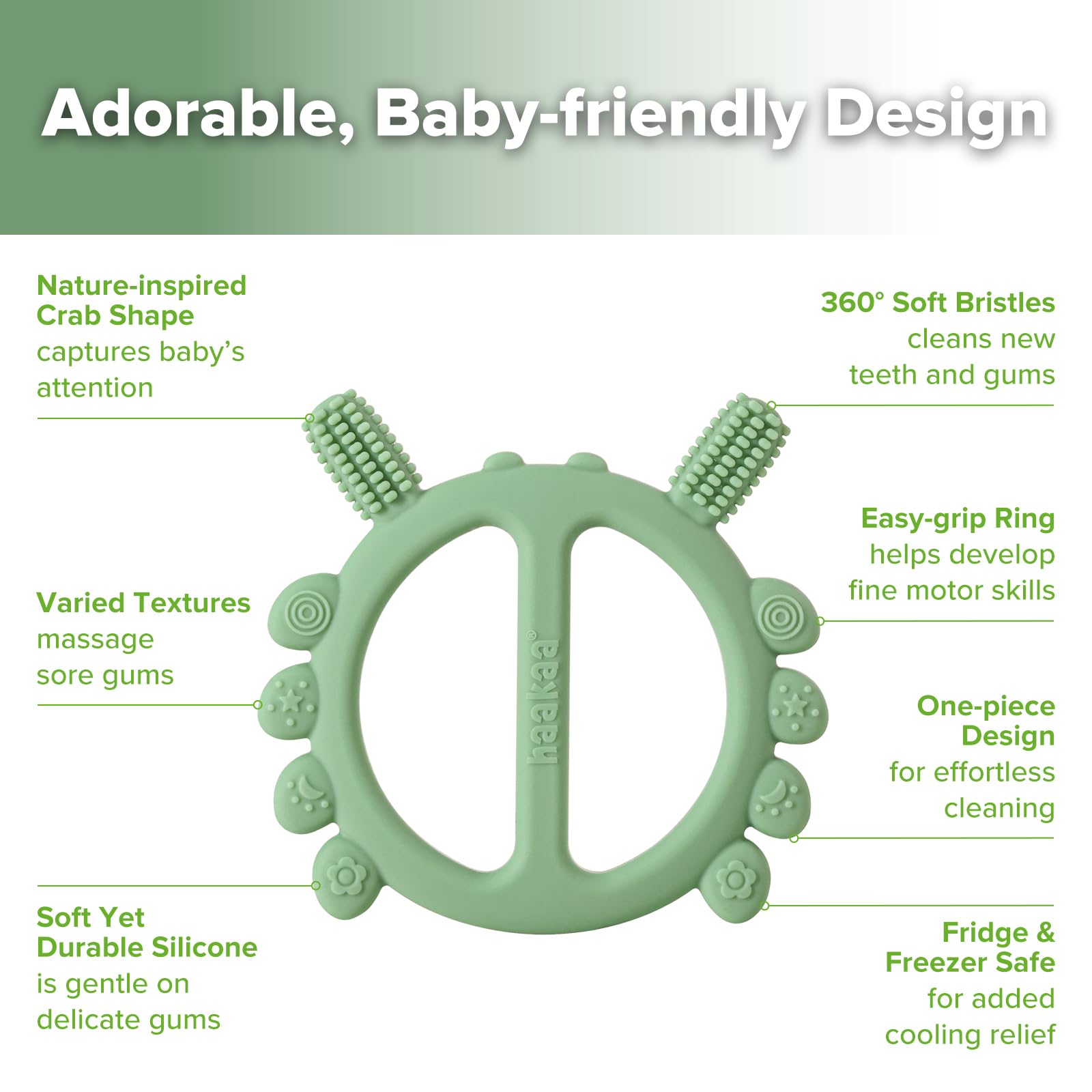 haakaa-silicone-crab-baby-teether-with-360-toothbrush-head-pea-green image 4