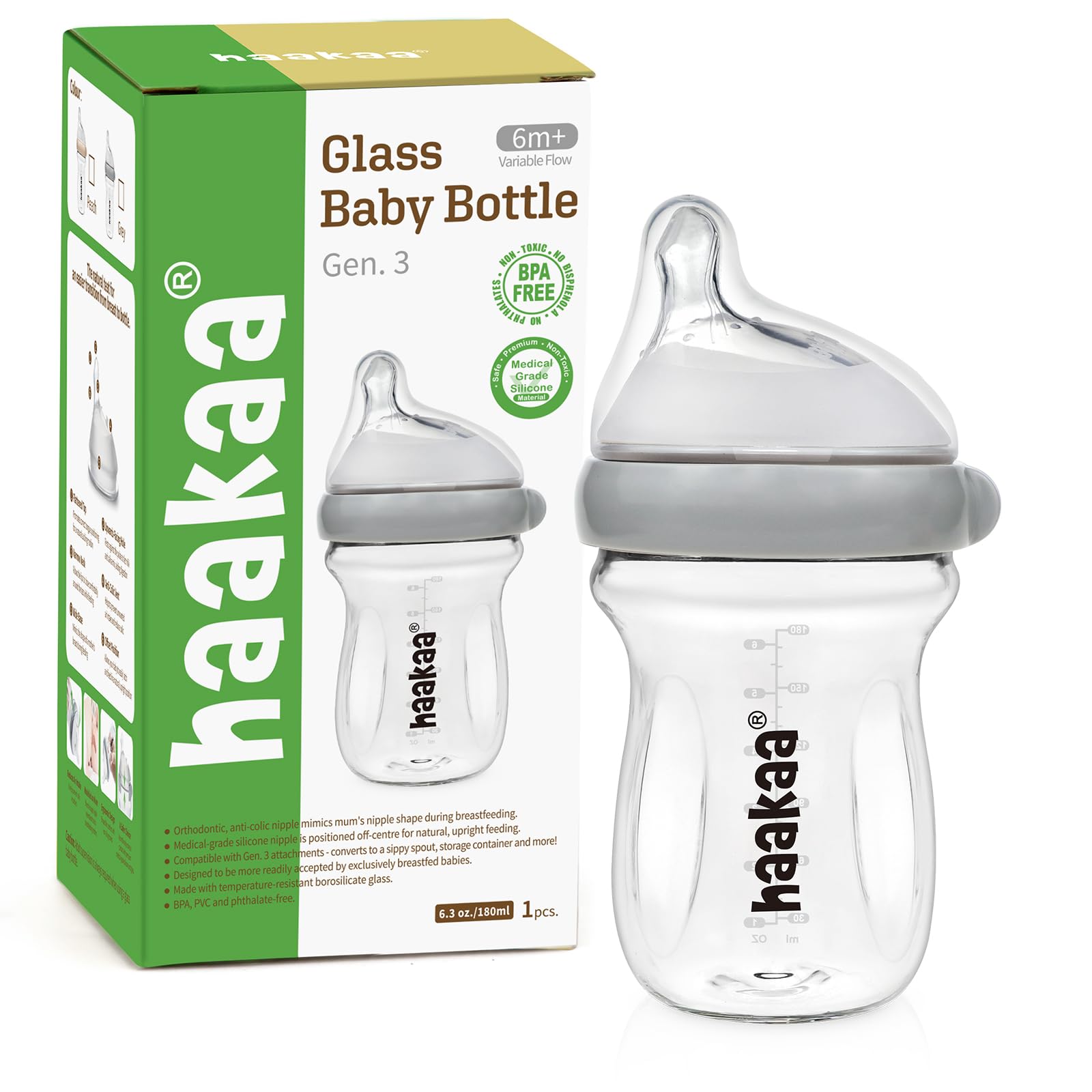 haakaa-gen-3-natural-glass-baby-bottle-6-3-oz-180-ml-wide-neck-anti-colic-grey image 1