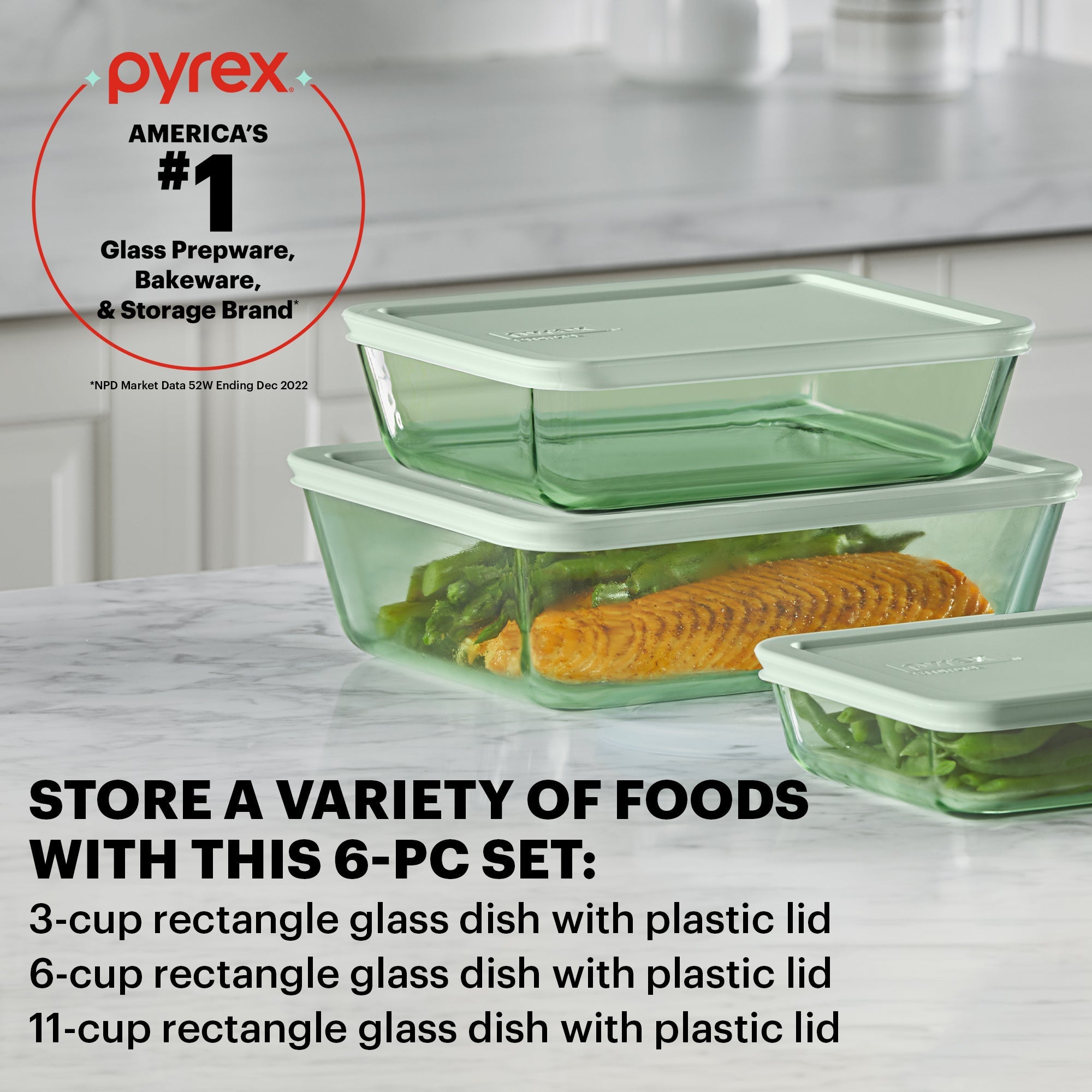 pyrex-simply-store-tinted-6-piece-rectangle-glass-storage-set-with-green-lids image 2