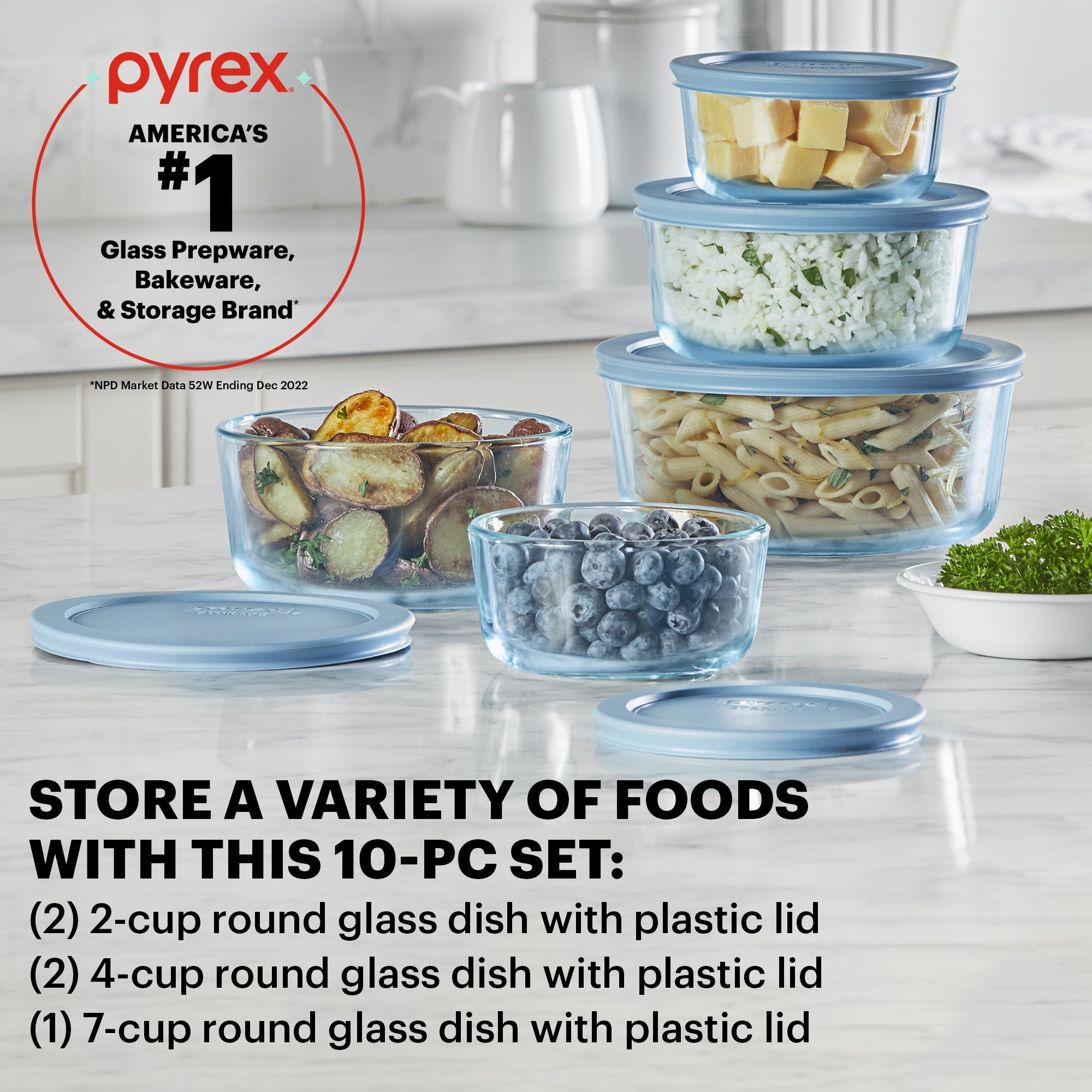pyrex-simply-store-tinted-10-piece-round-glass-storage-set-with-blue-plastic-lid image 2